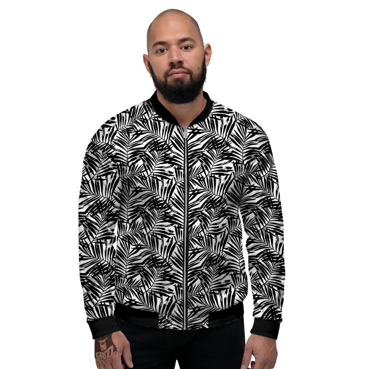 Tropical Palm Leaf White And Black Print Men's Bomber Jacket-grizzshop