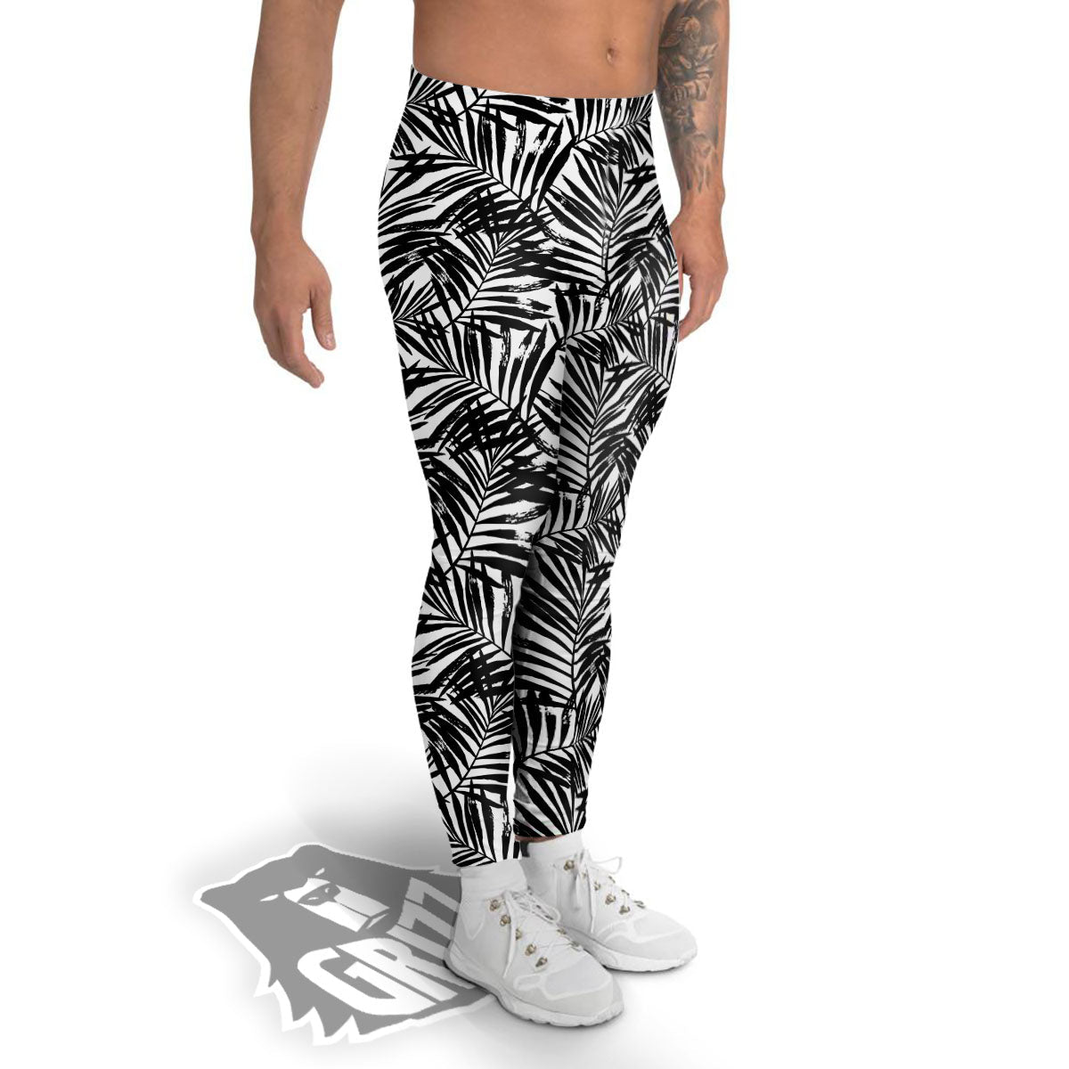 Tropical Palm Leaf White And Black Print Men's Leggings-grizzshop