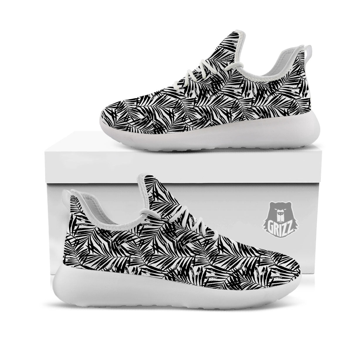 Tropical Palm Leaf White And Black Print White Athletic Shoes-grizzshop