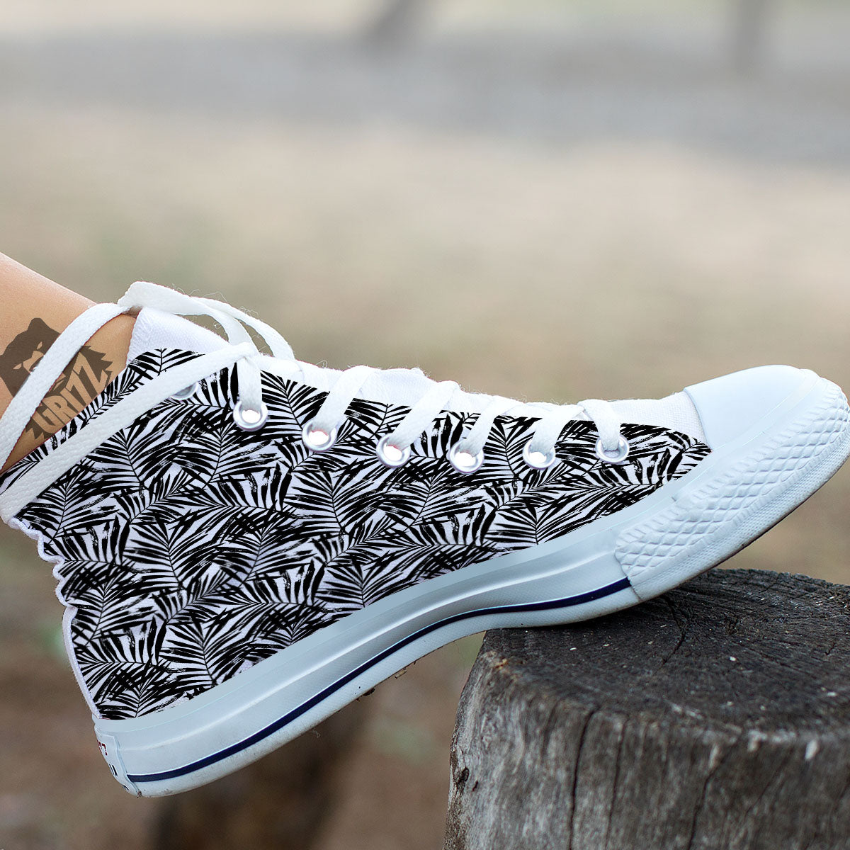 Tropical Palm Leaf White And Black Print White High Top Shoes-grizzshop