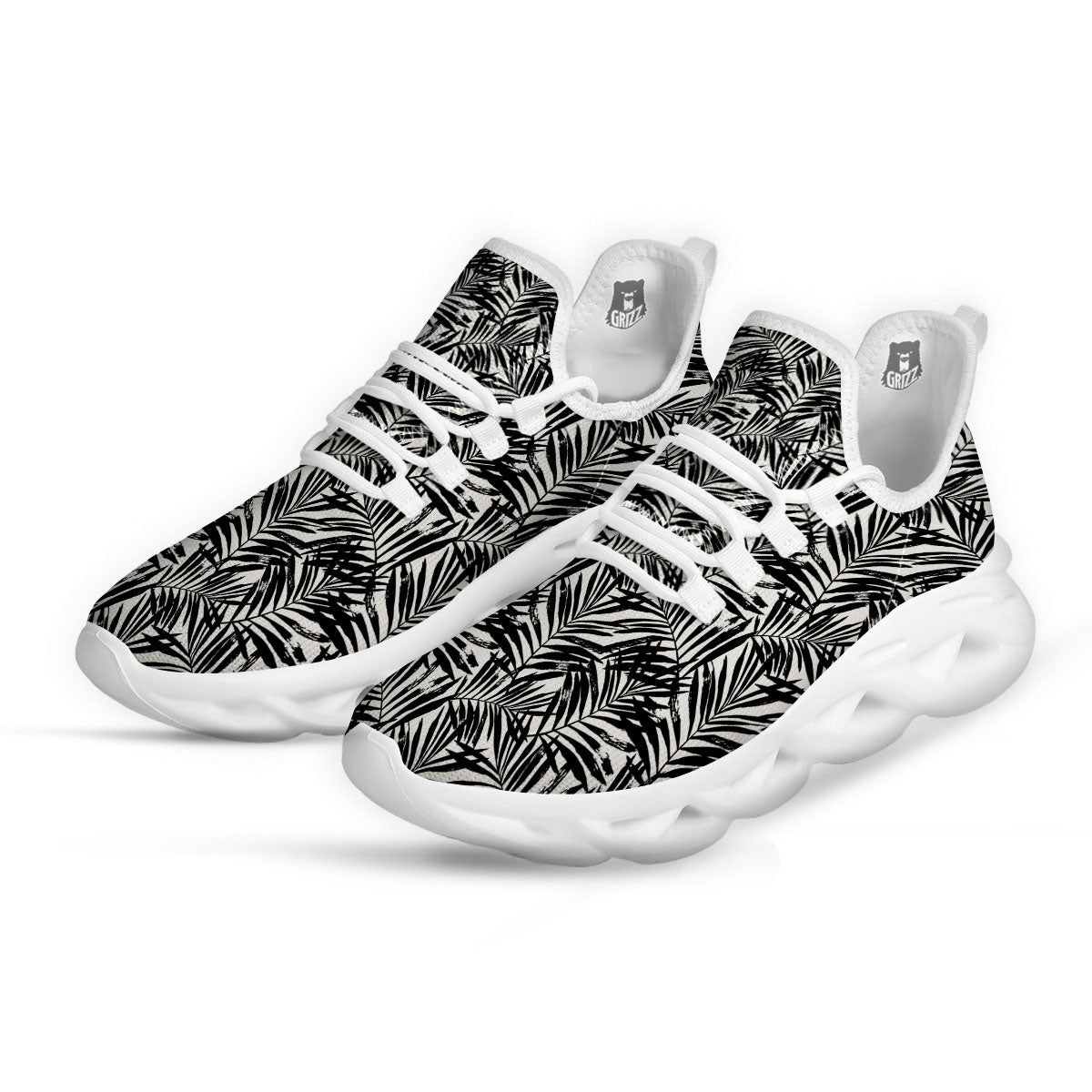 Tropical Palm Leaf White And Black Print White Running Shoes-grizzshop