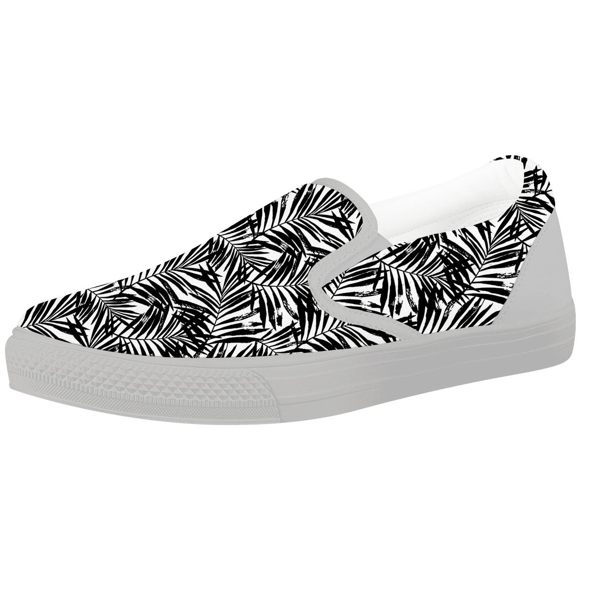Tropical Palm Leaf White And Black Print White Slip On Shoes-grizzshop
