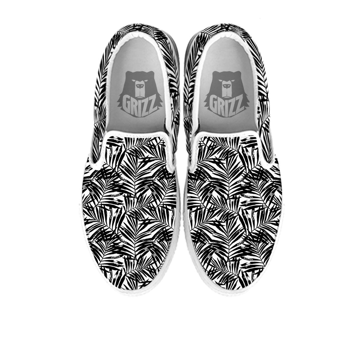 Tropical Palm Leaf White And Black Print White Slip On Shoes-grizzshop