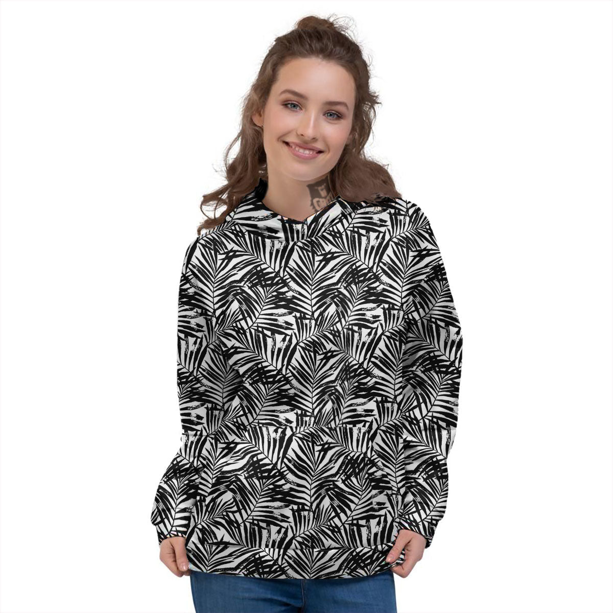 Tropical Palm Leaf White And Black Print Women's Hoodie-grizzshop