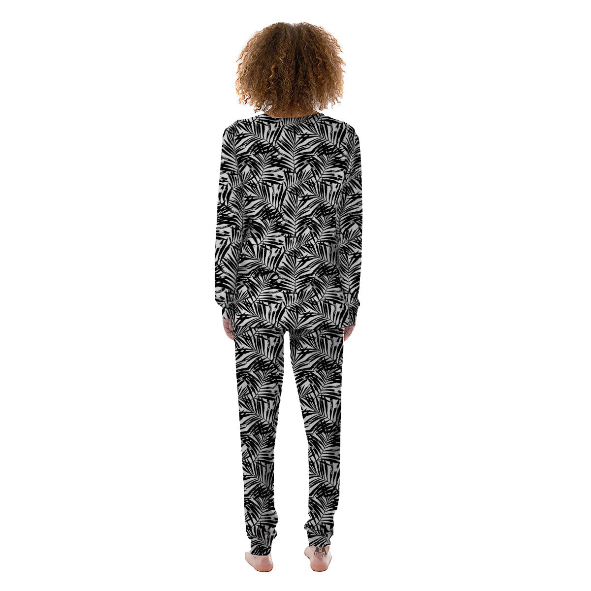 Tropical Palm Leaf White And Black Print Women's Pajamas-grizzshop