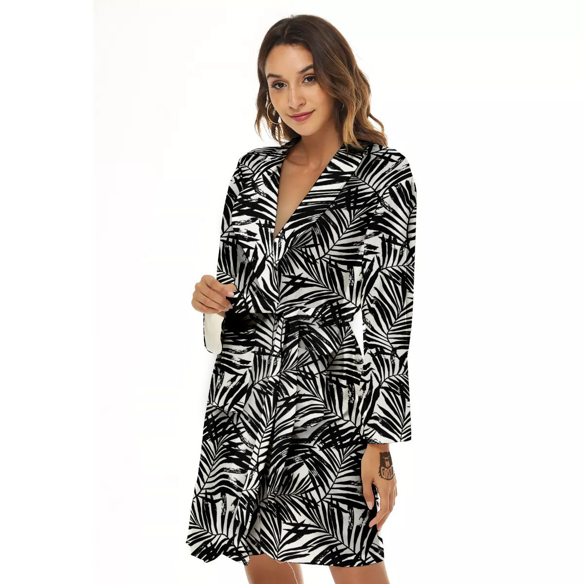 Tropical Palm Leaf White And Black Print Women's Robe-grizzshop