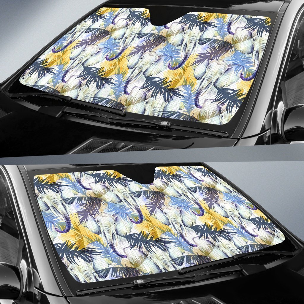 Tropical Palm Leave Elephant Print Car Sun Shade-grizzshop