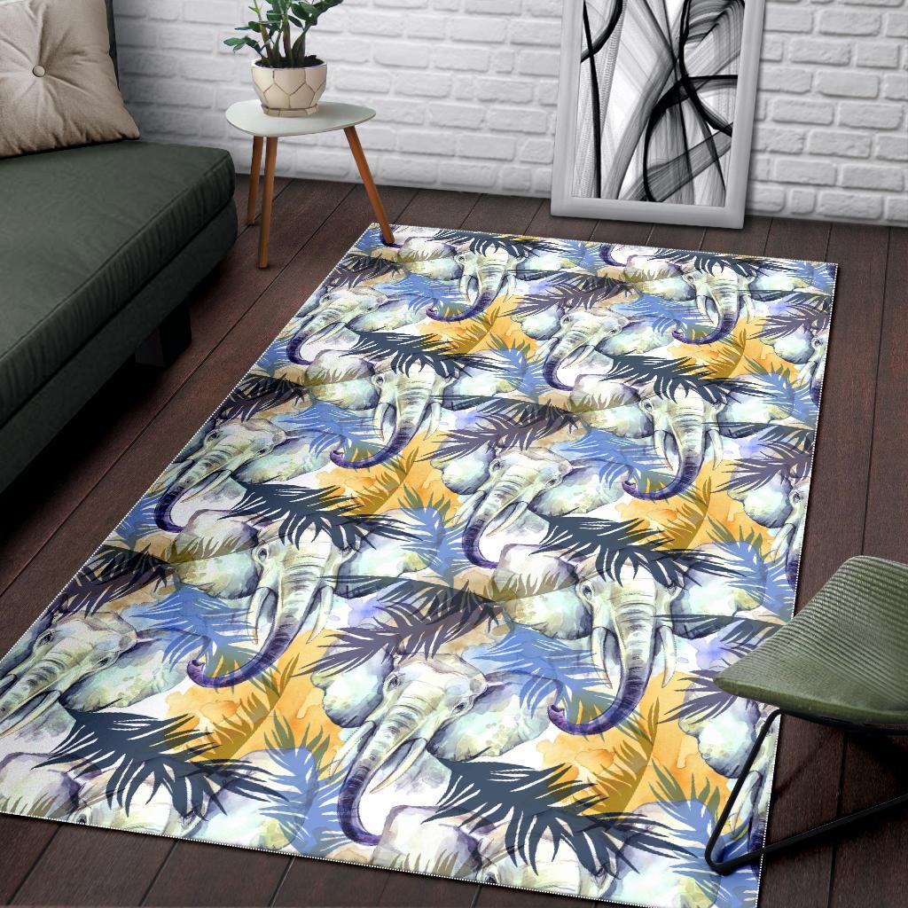 Tropical Palm Leave Elephant Print Floor Mat-grizzshop