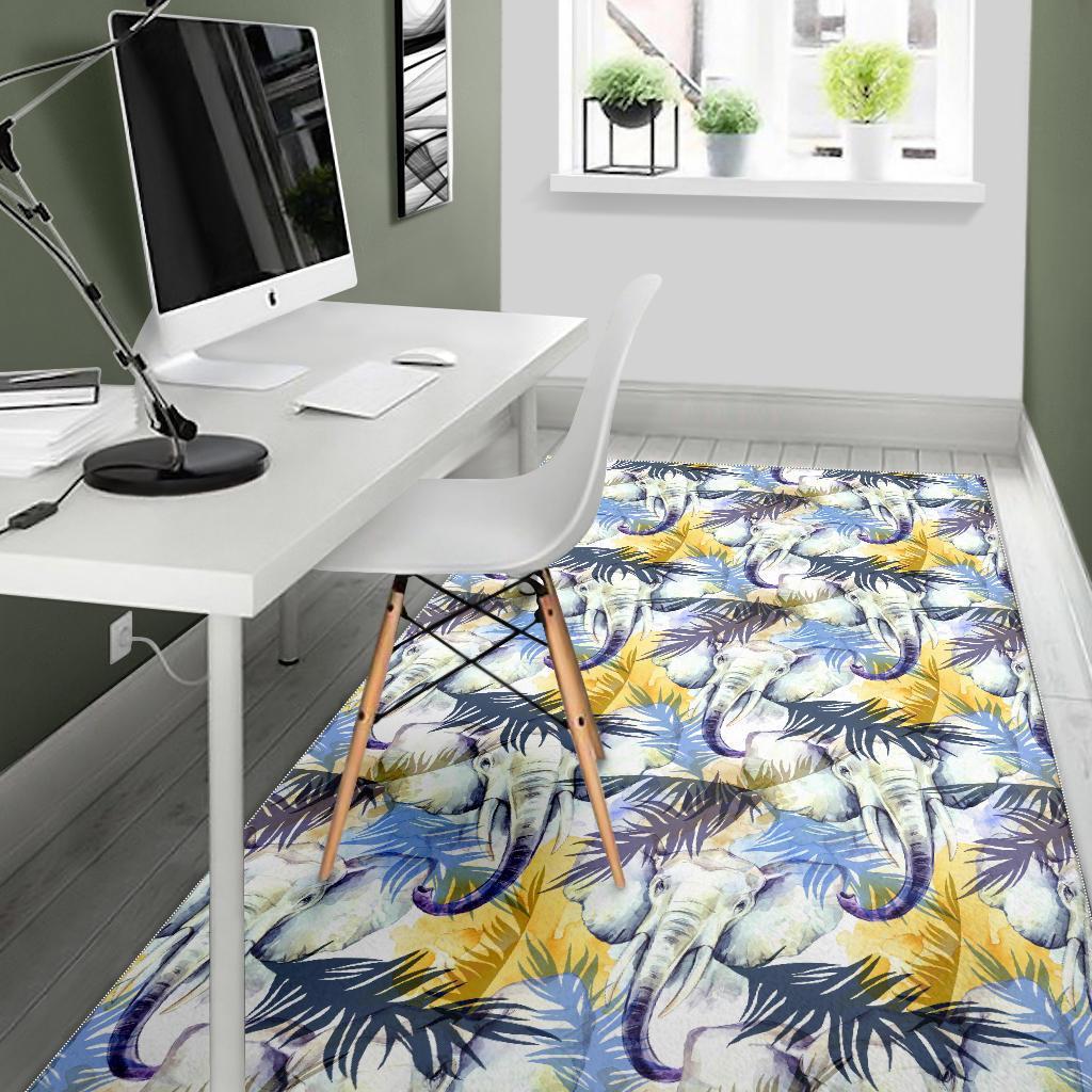 Tropical Palm Leave Elephant Print Floor Mat-grizzshop