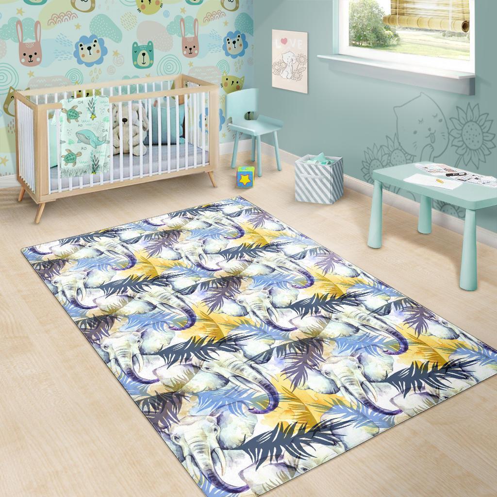 Tropical Palm Leave Elephant Print Floor Mat-grizzshop