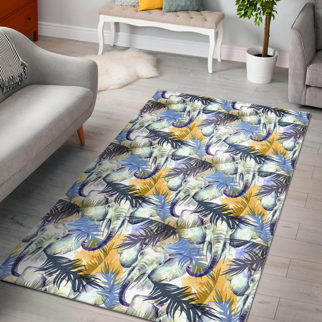 Tropical Palm Leave Elephant Print Floor Mat-grizzshop