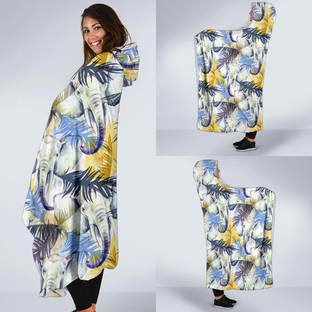 Tropical Palm Leave Elephant Print Hooded Blanket-grizzshop