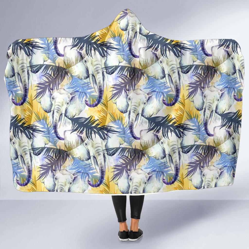 Tropical Palm Leave Elephant Print Hooded Blanket-grizzshop