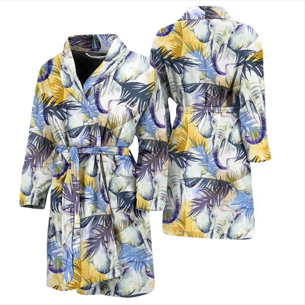 Tropical Palm Leave Elephant Print Men Long Robe-grizzshop