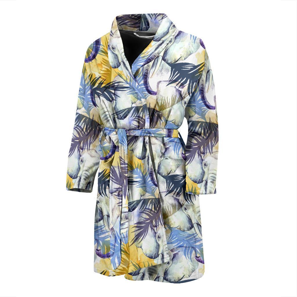 Tropical Palm Leave Elephant Print Men Long Robe-grizzshop