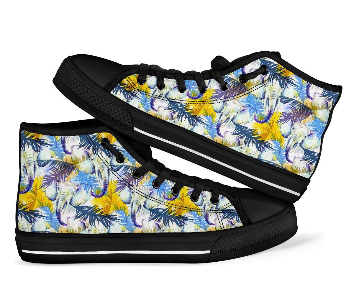 Tropical Palm Leave Elephant Print Men Women's High Top Shoes-grizzshop