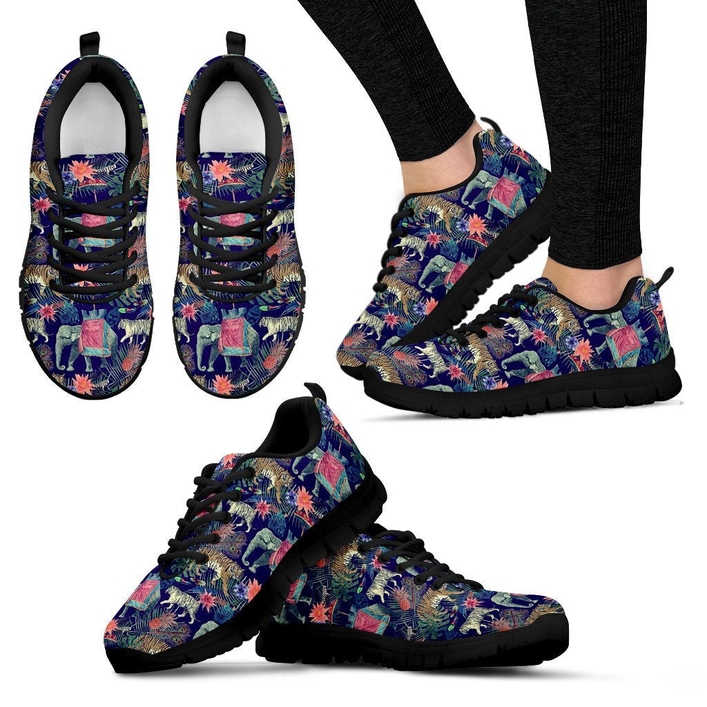 Tropical Palm Leave Peacock Tiger Elephant Black Sneaker Shoes For Men Women-grizzshop