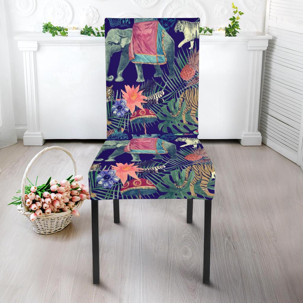 Tropical Palm Leave Peacock Tiger Elephant Chair Cover-grizzshop