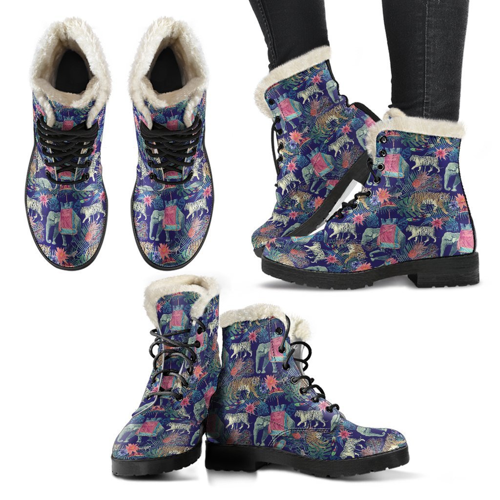 Tropical Palm Leave Peacock Tiger Elephant Comfy Winter Boots-grizzshop