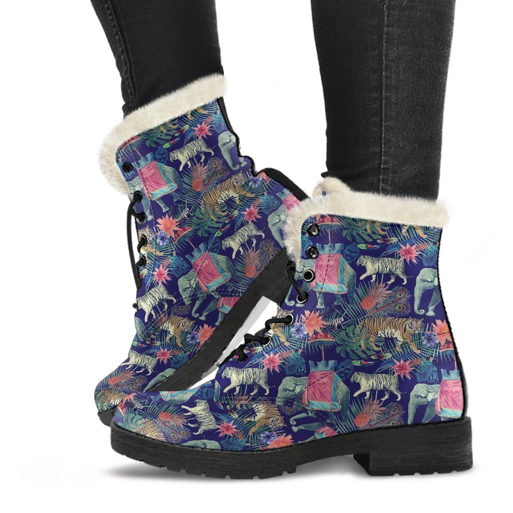 Tropical Palm Leave Peacock Tiger Elephant Comfy Winter Boots-grizzshop