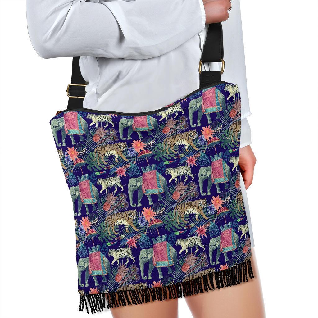 Tropical Palm Leave Peacock Tiger Elephant Crossbody Bags-grizzshop