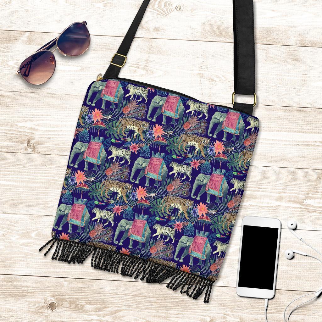 Tropical Palm Leave Peacock Tiger Elephant Crossbody Bags-grizzshop