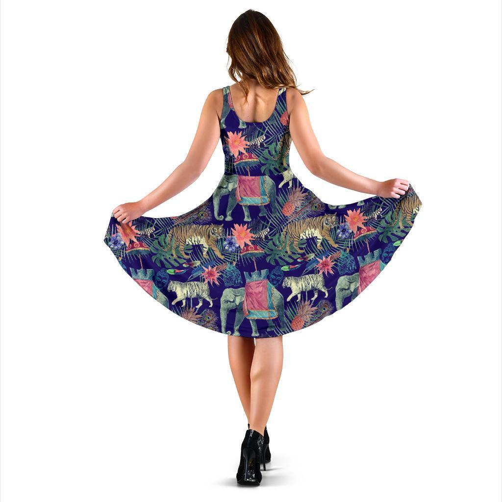 Tropical Palm Leave Peacock Tiger Elephant Dress-grizzshop