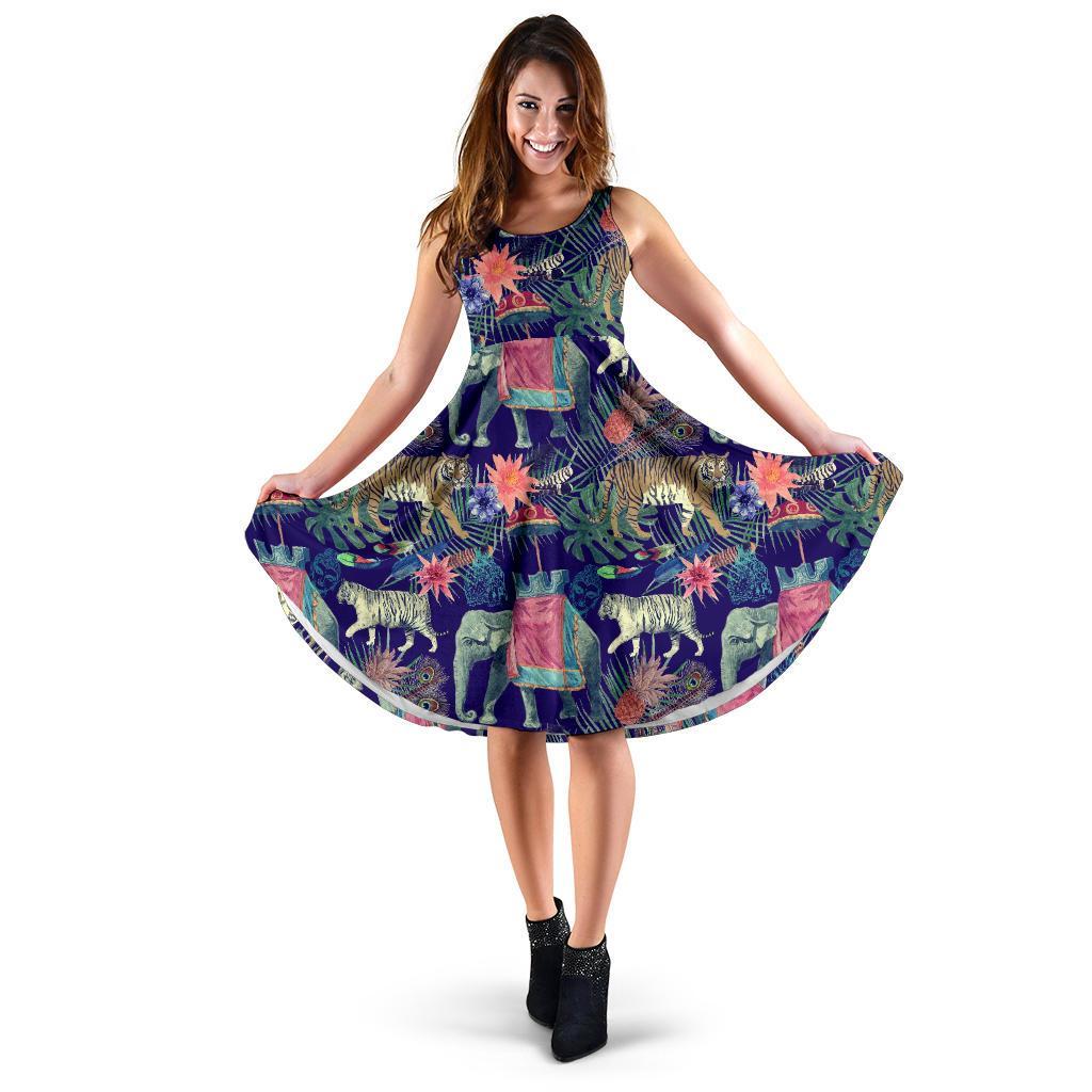 Tropical Palm Leave Peacock Tiger Elephant Dress-grizzshop