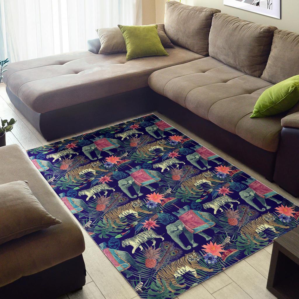 Tropical Palm Leave Peacock Tiger Elephant Floor Mat-grizzshop