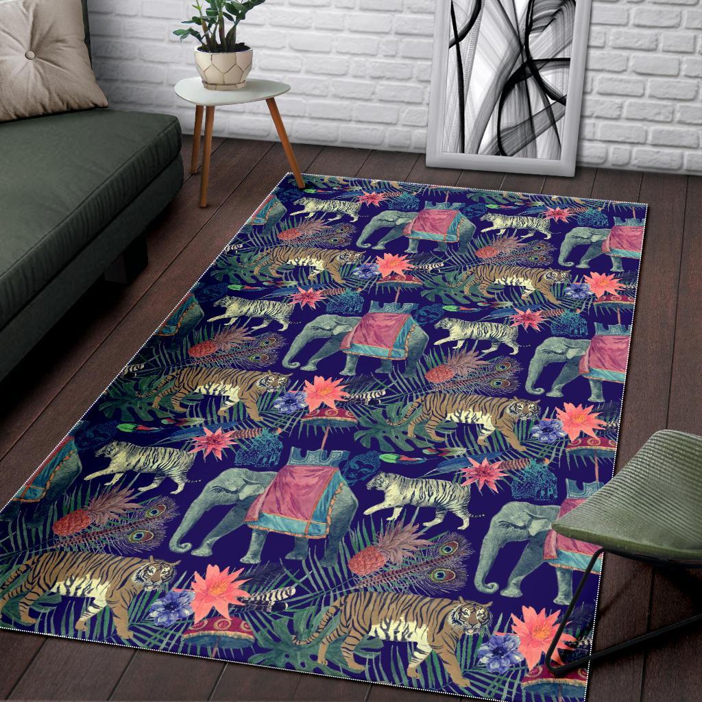 Tropical Palm Leave Peacock Tiger Elephant Floor Mat-grizzshop