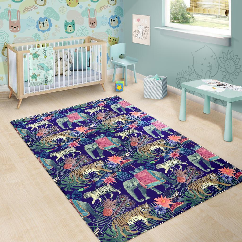 Tropical Palm Leave Peacock Tiger Elephant Floor Mat-grizzshop