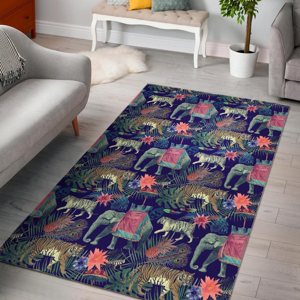 Tropical Palm Leave Peacock Tiger Elephant Floor Mat-grizzshop