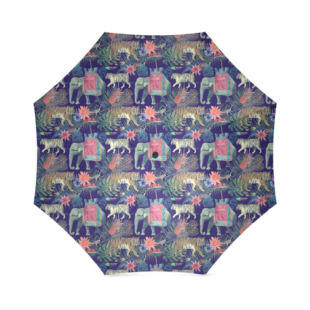 Tropical Palm Leave Peacock Tiger Elephant Foldable Umbrella-grizzshop