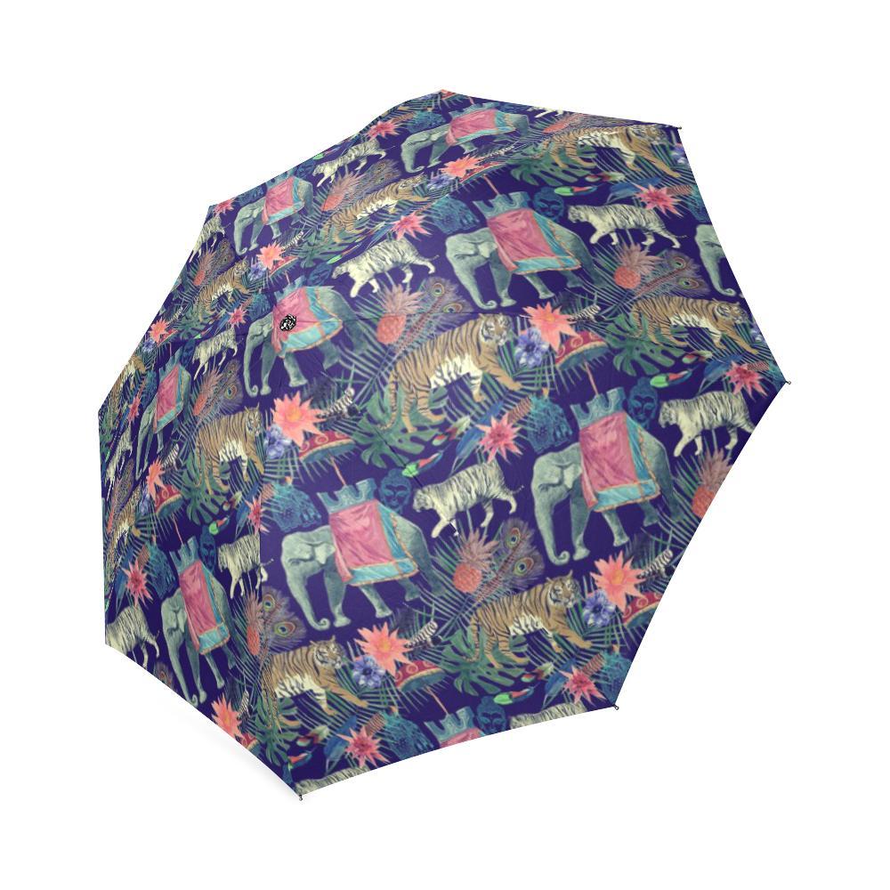 Tropical Palm Leave Peacock Tiger Elephant Foldable Umbrella-grizzshop