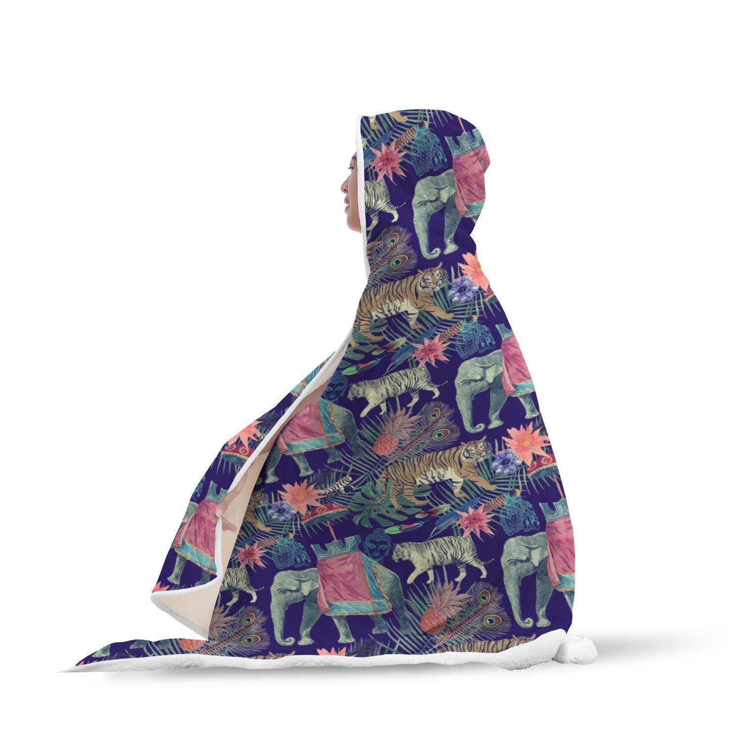 Tropical Palm Leave Peacock Tiger Elephant Hooded Blanket-grizzshop