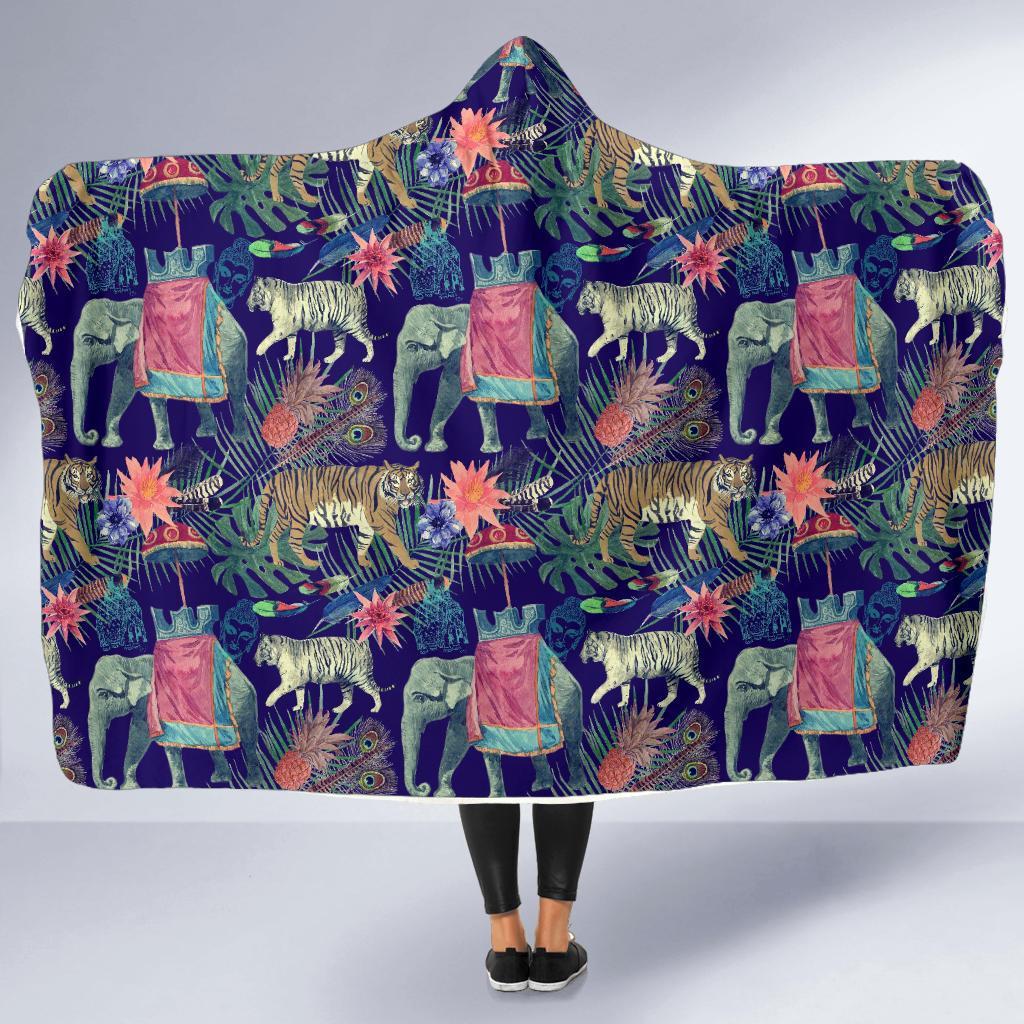 Tropical Palm Leave Peacock Tiger Elephant Hooded Blanket-grizzshop