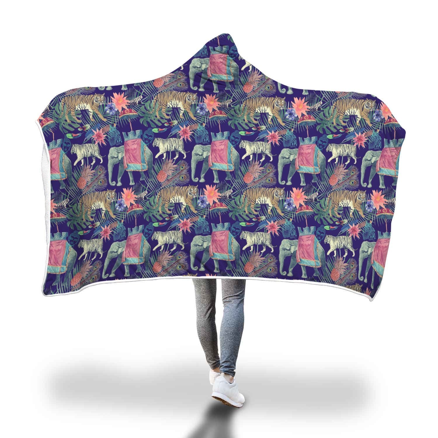 Tropical Palm Leave Peacock Tiger Elephant Hooded Blanket-grizzshop