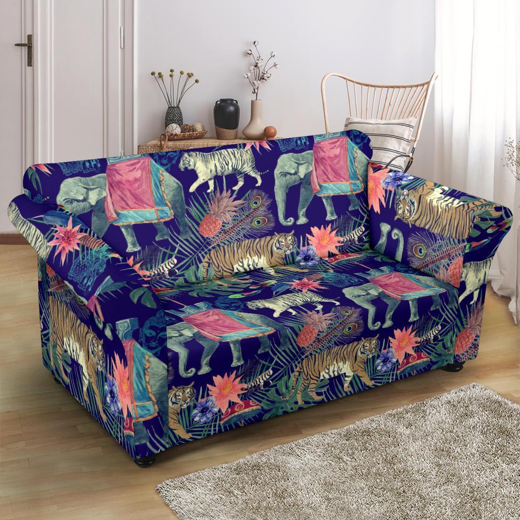 Tropical Palm Leave Peacock Tiger Elephant Loveseat Cover-grizzshop