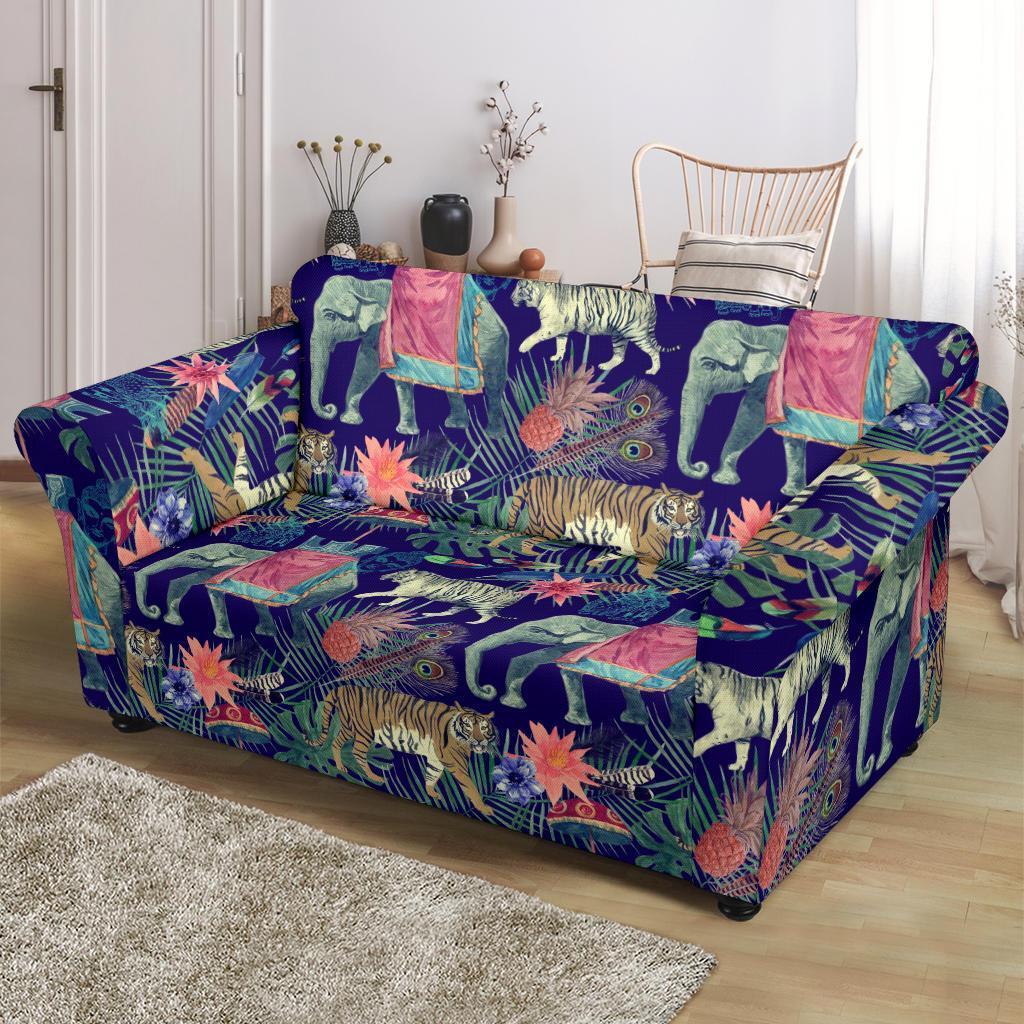 Tropical Palm Leave Peacock Tiger Elephant Loveseat Cover-grizzshop