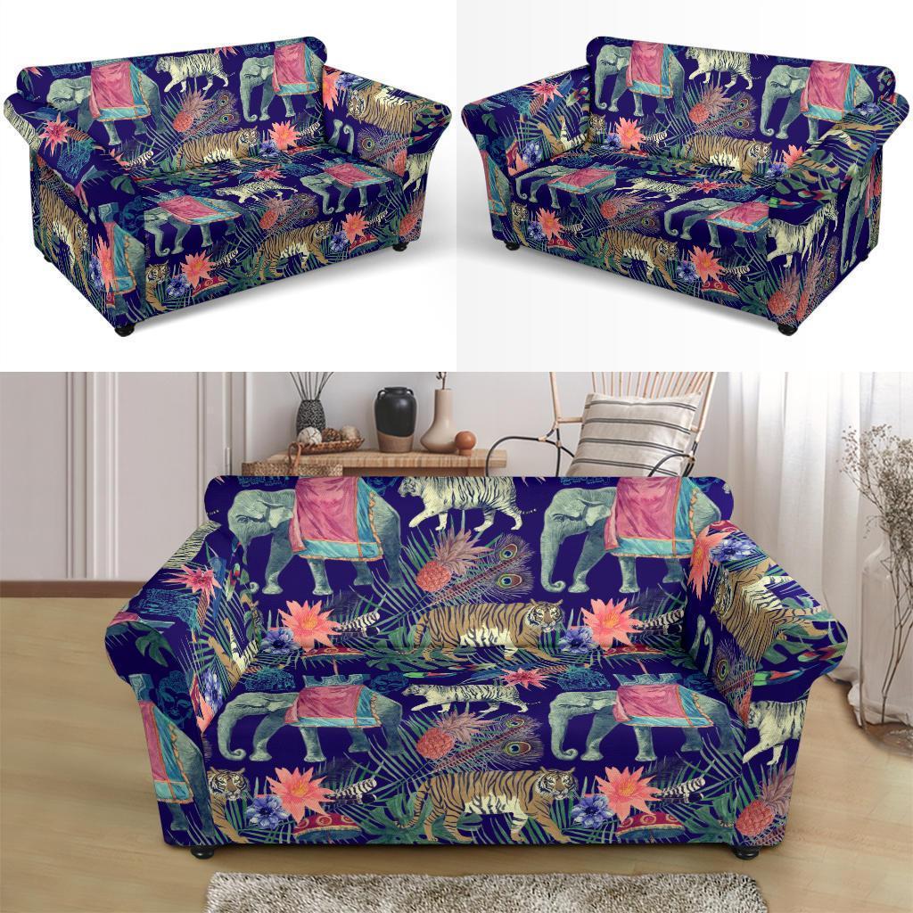 Tropical Palm Leave Peacock Tiger Elephant Loveseat Cover-grizzshop