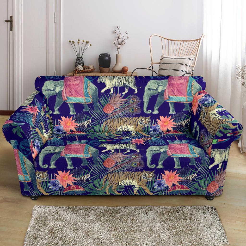 Tropical Palm Leave Peacock Tiger Elephant Loveseat Cover-grizzshop