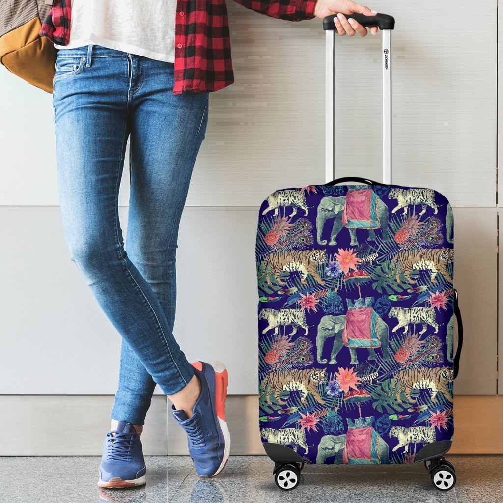 Tropical Palm Leave Peacock Tiger Elephant Luggage Cover Protector-grizzshop