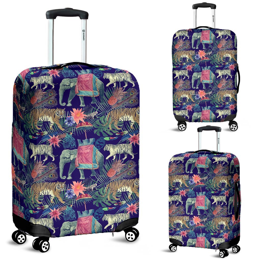 Tropical Palm Leave Peacock Tiger Elephant Luggage Cover Protector-grizzshop