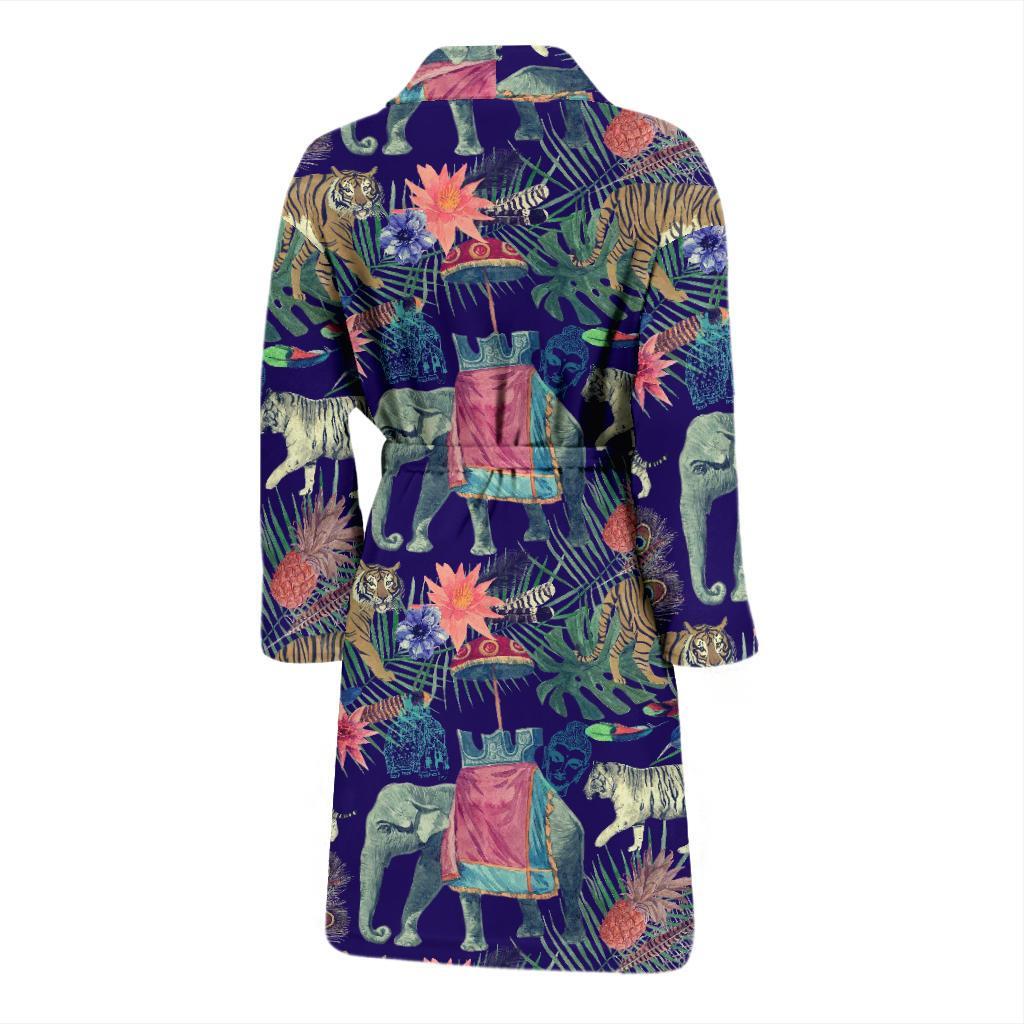 Tropical Palm Leave Peacock Tiger Elephant Men Long Robe-grizzshop