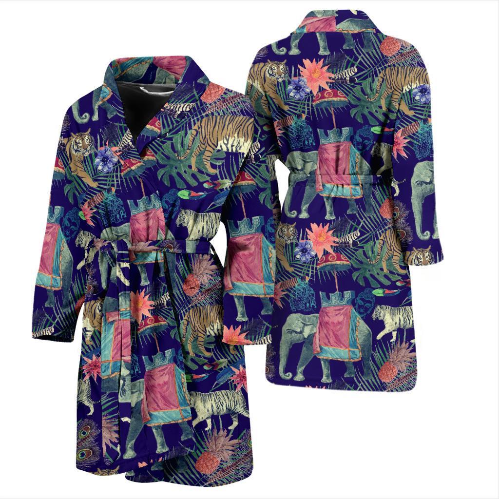 Tropical Palm Leave Peacock Tiger Elephant Men Long Robe-grizzshop