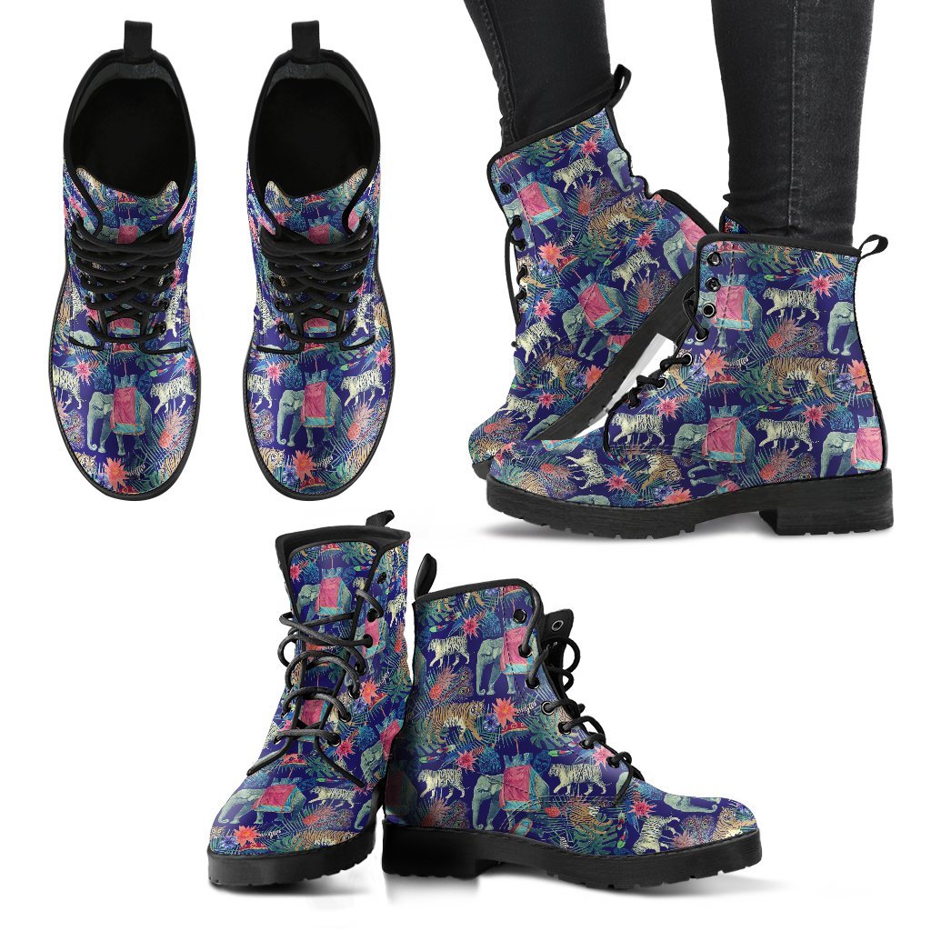 Tropical Palm Leave Peacock Tiger Elephant Men Women Leather Boots-grizzshop