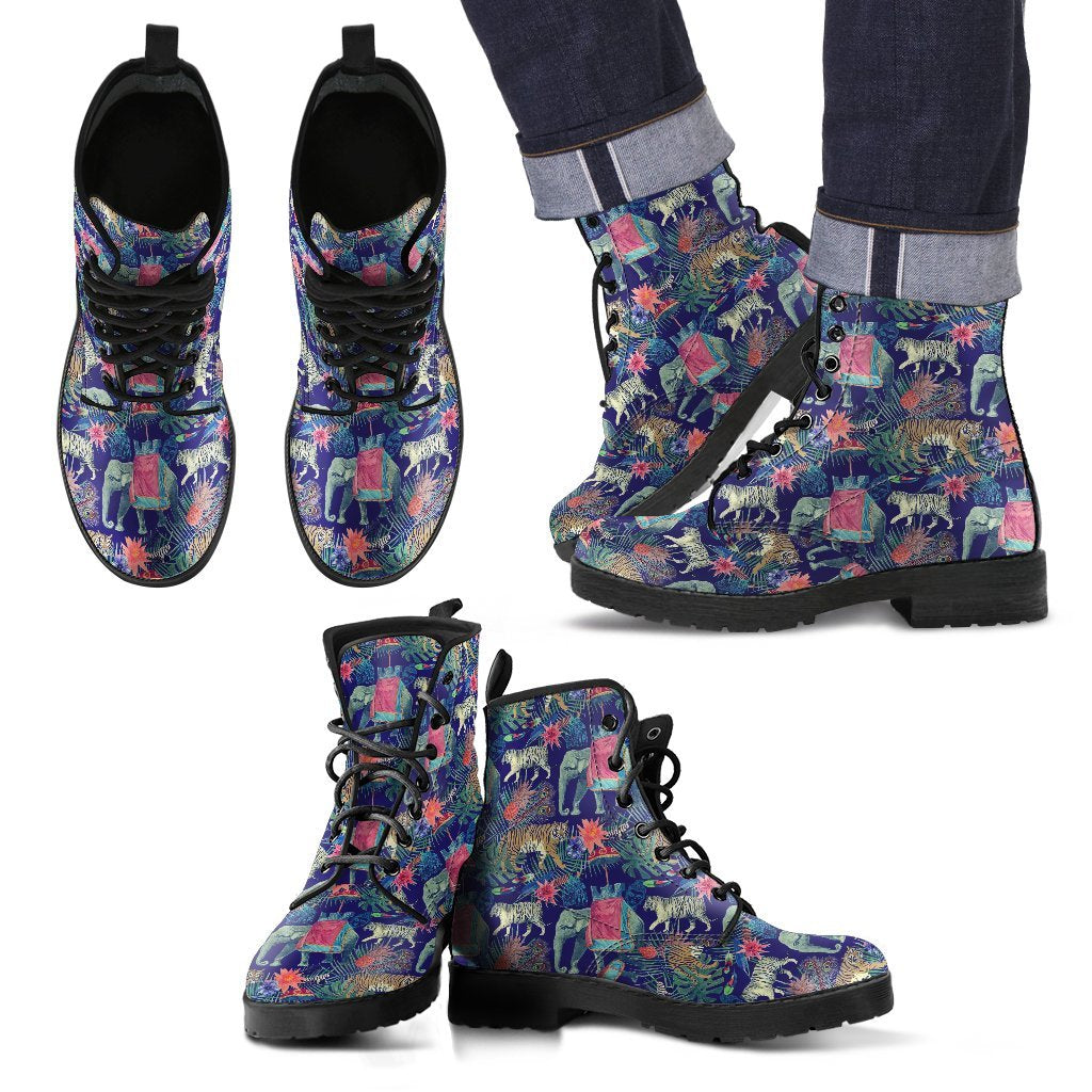 Tropical Palm Leave Peacock Tiger Elephant Men Women Leather Boots-grizzshop