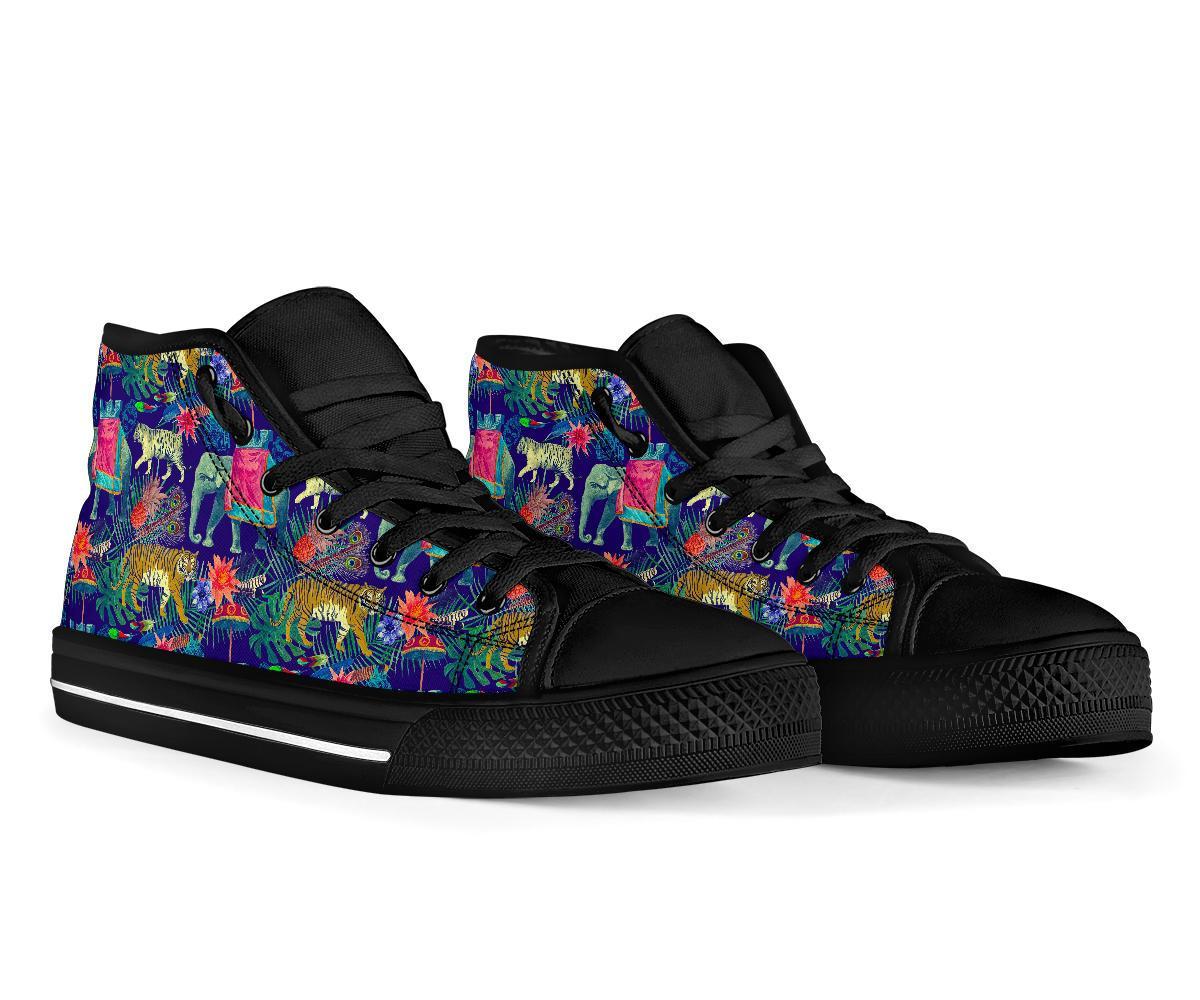 Tropical Palm Leave Peacock Tiger Elephant Men Women's High Top Shoes-grizzshop