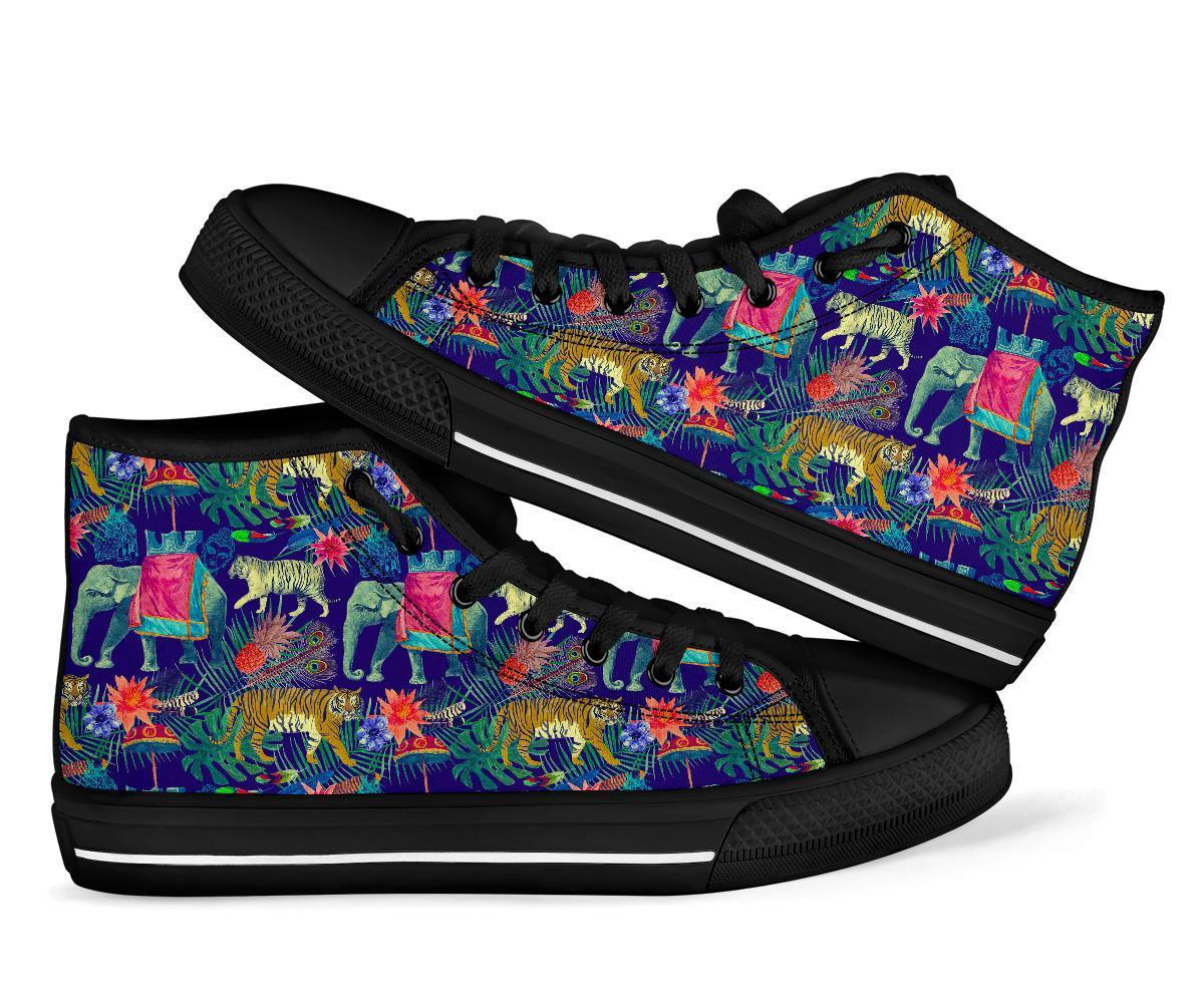 Tropical Palm Leave Peacock Tiger Elephant Men Women's High Top Shoes-grizzshop