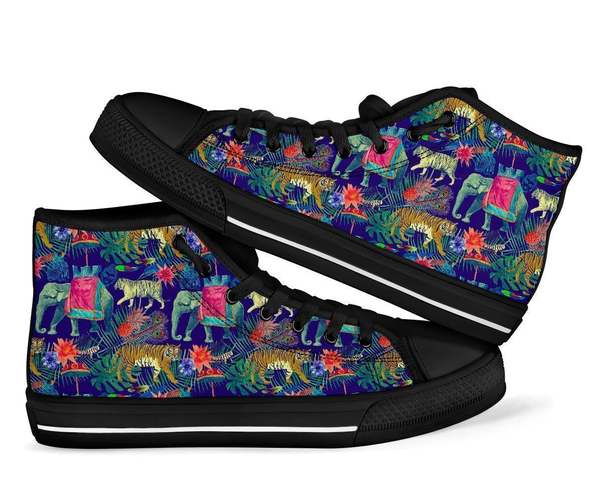 Tropical Palm Leave Peacock Tiger Elephant Men Women's High Top Shoes-grizzshop
